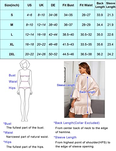 Zexxxy Women's Floral Kimono Robe Pure Color Ruffle Sleeve Knee Length Sleepwear V Neck Silk Night Robe #TOP5