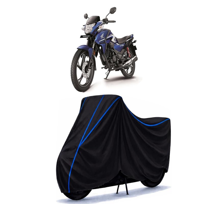 Image of Sp 160 BS6 Bike Cover Water Resistant Universal Motorcycle Rain | Heavy Duty UV Protection, Dust, Scratch Indoor Outdoor All Weather with Black Blue Piping Elastic