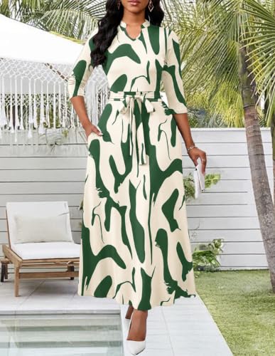 Image of BubFee Maxi Dresses for Women Semi Formal Long Dress 3 /4 Sleeve Casual A-line Church Dresses with Pockets