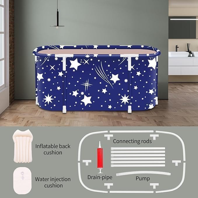 Image of Portable Foldable Adult Bathtub for Home, Large Plastic Soaking Tub with Drain Pipe, Freestanding Spa Bath Tub for Hot & Cold Bath, Balcony & Small Bathroom Use (Star Blue)