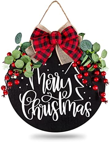 Merry Christmas Welcome Wreath Sign – 12x12 Inch Wooden Round Sign With Red Buffalo Plaid Bow, Front Door Decor