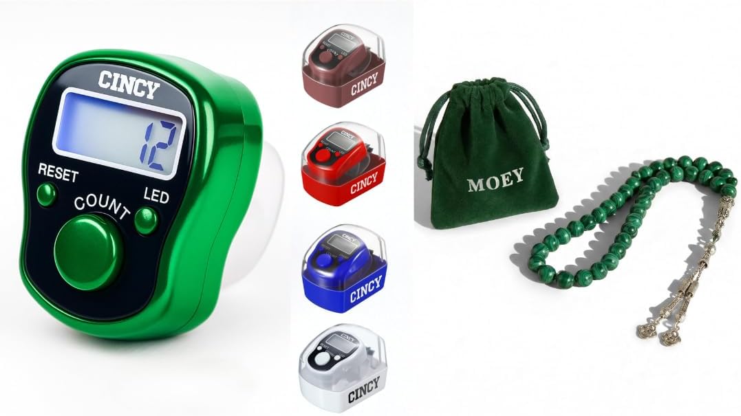CINCY Clicker Counter + MOEY 33 Tasbih Prayer Beads Bundle | LED Digital Counter & Malachite Prayer Beads | Quiet Counting for Dhikr, Prayer & Reflection