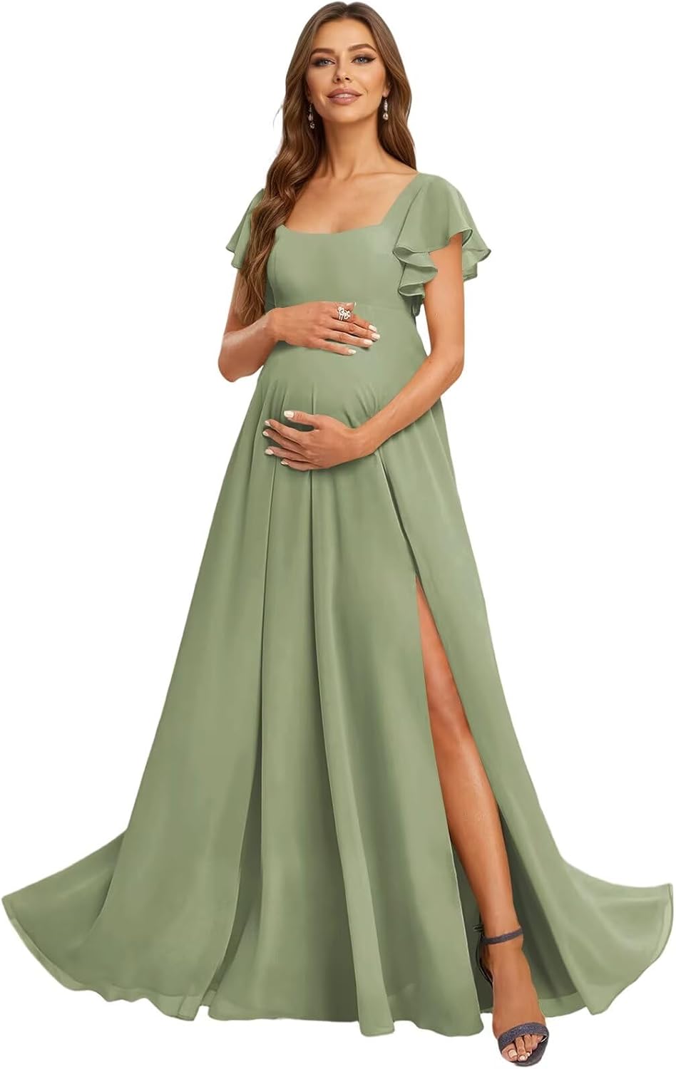 Chiffon A-Line Maternity Baby Shower Dress with Sleeves Square Neck Ruffles Split Pregnancy Dresses for Women