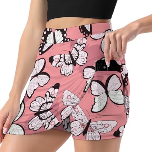 Jupe de tennis rose avec short intégré et poche sport pour femme motif papillons