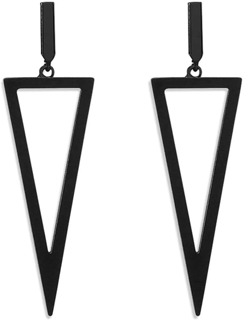 Black Metal Triangle Dangle Drop Earrings for Women - Geometric Stainless Steel Hypoallergenic Lightweight Elegant Jewelry Gifts