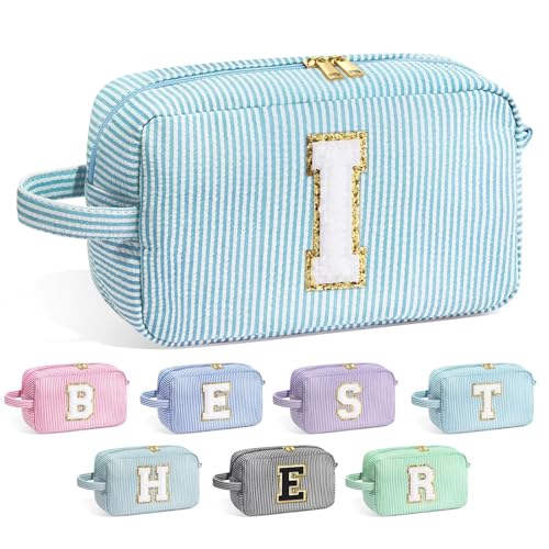 Image of YOOLIFE Initial Cosmetic Bag for Women - Monogram Cute Makeup Bag Cosmetic Case Toiletry Pouch for Women Her Best Friend Sister Teacher, Personalized Birthday Gifts for Women, Light Blue I