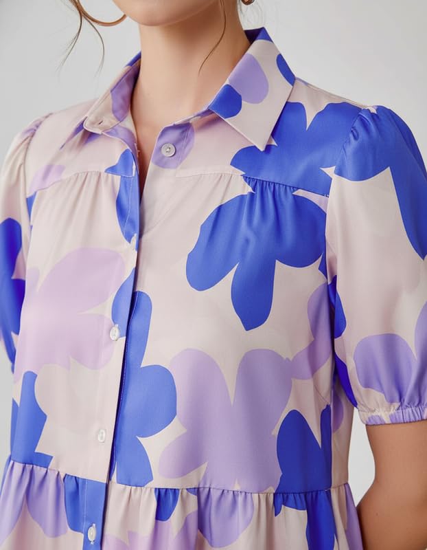 Image of Women's Fit and Flared Shirt Midi Dress with Collar Neck & Short Sleeves - Rayon Casual Dress