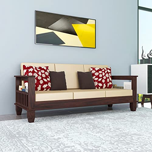 Image of Solid Sheesham Wood Sofa Set 3 Seater | Wooden 3-Person Sofa Couch for Home Office | Sofa Sets for Living Room | Three Seater Sofa with Side Magzine & Newspaper Holder | Walnut Finish