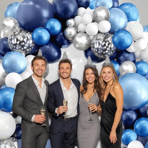 Image of Blocesa Navy Blue White Silver Balloons Arch Kit, Latex, Party Decor.
