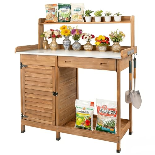 Mayugardening Outdoor Potting Bench Table Wooden Weatherproof Garden Work Station with Sliding Drawer Metal Table Top Metal Hooks Large Bottom Shelf Open Shelf Tool Hooks