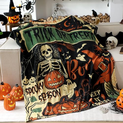 Breling Halloween Throw Flannel Blanket Ghost Skeleton Cozy Fuzzy Warm Throw Blanket Vintage Scary Halloween Themed Print for Winter Couch Sofa Bed Home Decor 60x50