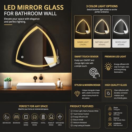 Image of LED Bathroom Wall Mirror with 3 Decorative Lights | Touch Sensor | Warm | Natural and Cool White | for Wash Basin | Bedroom | Dressing Area (Triangular, 21x21)
