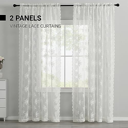 Kotile Ivory Lace Curtains 96 Inches Long - Country Floral Vintage Lace Window Curtains For Living Room, Premium Scalloped Floral Sheer Lace Curtain Panels, 52 X 96 Inch, 2 Panels, Ivory/Cream #TOP1