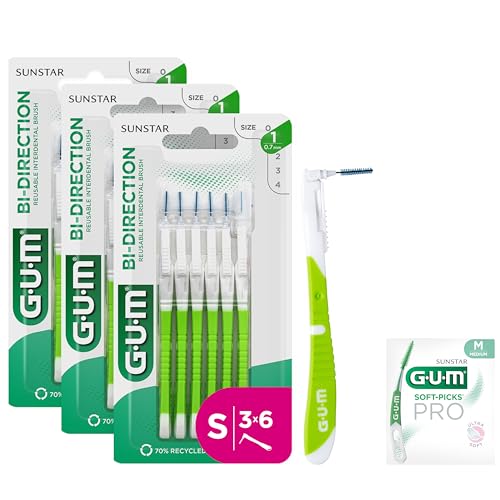 GUM BI-DIRECTION Scovolini interdentali a doppia posizione | Posizionamento a 90 gradi | pulizia dei denti e rimozione della placca | 0.7mm, ISO 1 | Taglia S |​ Confezione 3x6 + 1 campione gratuito