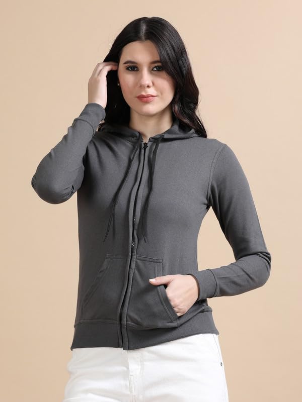 Image of Wafaa Women's Cotton Plain Hooded Neck Full Zipper Sweatshirt Hoodies with Kangaroo Pocket