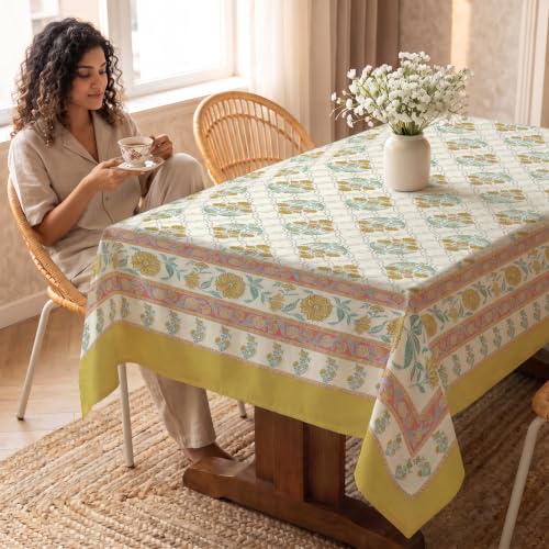 Image of Urban Space 100% Cotton Dining Table Cover 4 Seater, Jaipuri Handblock Cotton Table Cloth for Center Table, Dining Room Table Cover (Size 48 inch x 72 inch - 4 Seater, Amberjaal Yellow)