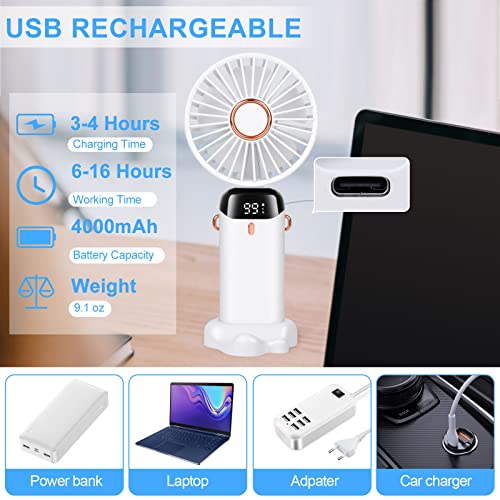 LYMYBETY Portable Handheld Fan, 4000mAh Mini USB Rechargeable Fans with Digital Display, Small Personal Pocket Fan with 5 Speeds, Foldable Desk Fan with Lanyard and Base for Home Travel (White) - Image 3