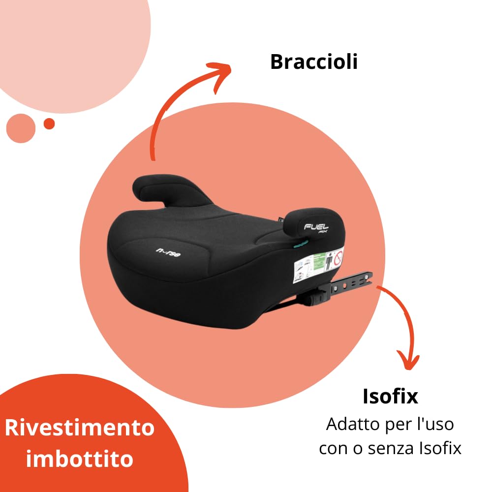 Nurse Fuel Fix Rialzo con ISOFIX 125–150 cm, Booster con Braccioli, Installazione con Cintura di Sicurezza del Veicolo, Nero