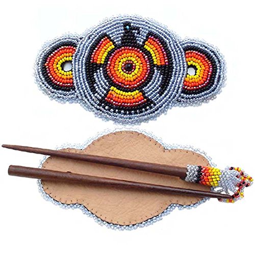 La Vivia Handmade Beaded Hair Barrette with Wood Stick, Native American Style Seed Bead Grey Black Red Eagle Hair Accessories for Women