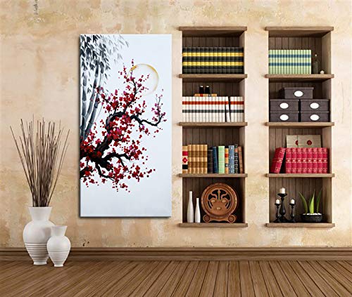 Hand Painted Chinese Oil Painting Plum Blossom With Bamboo Wall Art Red Flower Canvas Artwork #TOP5