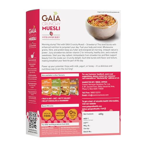 Image of Gaia Crunchy Muesli- Strawberry. Power-packed low calorie healthy breakfast, High Fiber,Source of Iron,No Trans Fat,No Cholesterol,Nutritious breakfast choice |400 gm