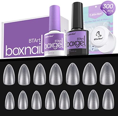 Gel Nail Kit - BTArtbox Gel Nail Tips and Glue Gel Kit, 300pcs Short Almond Soft Gel Nail Tips, Gel Nail Glue and Tip Primer with Nail Lamp Acrylic Gel Nail Extension Kit