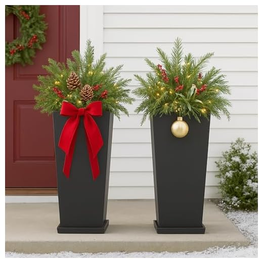 FENCY Set of 2 Tall Planters for Outdoor Plants, 24 Inch Large Tapered Pots with Drainage Trays, Weather-Resistant Plastic Plant Containers for Patio, Porch, Garden, Front Door Decor,Black