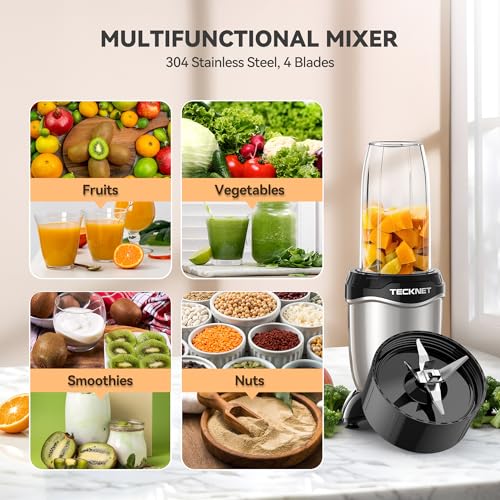 TECKNET Personal Blender Smoothie Maker Powerful 600W - 25,000 RPM Extractor Blends Fruits, Vegetables, Nuts, Ice for Smoothies & Juices, with 1 Portable Cups 500ml, 1 Grinding Cup 150ml - Image 4