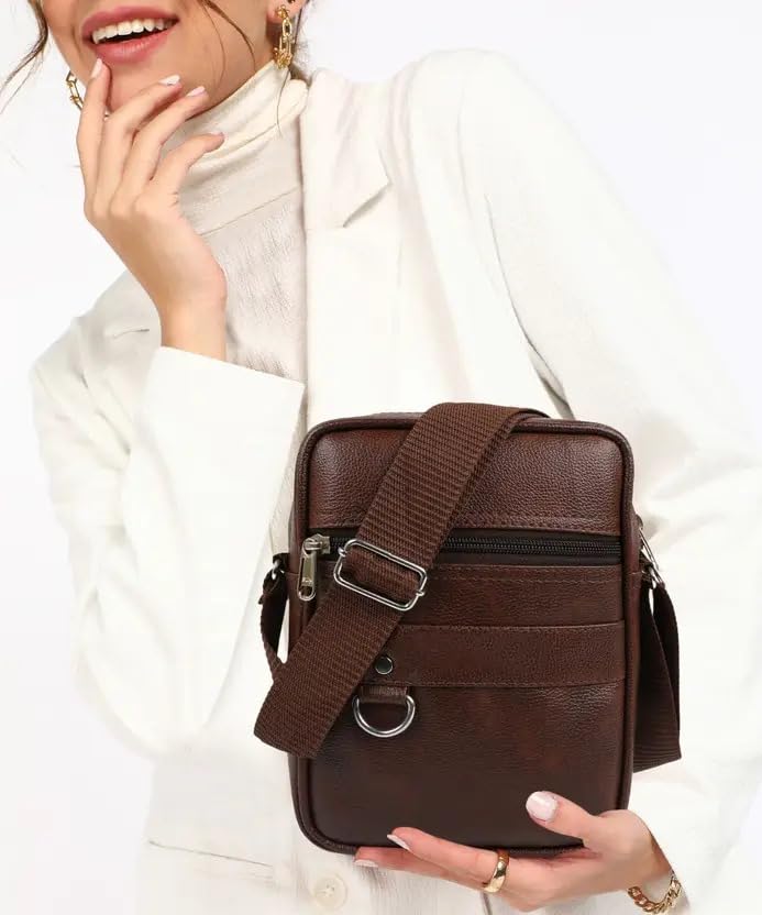 BILL BOND Men's Sling Bag Crossbody Shoulder Bag | PU Leather Side Bag with Adjustable Strap & Multiple Compartments for Travel, Office & Casual Use-Brown 3