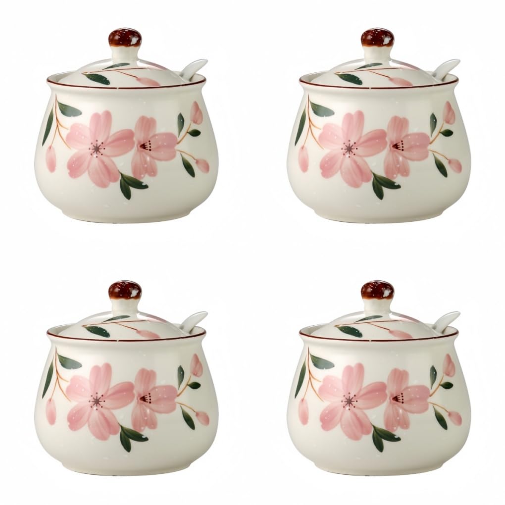 Ceramiczna cukiernica z pokrywką i łyżeczką, odporna na wysokie temperatury, puszka na przyprawy do cukru, soli, miodu, oleju, herbaty, kwiatów wiśni, japońska (4 sztuki)