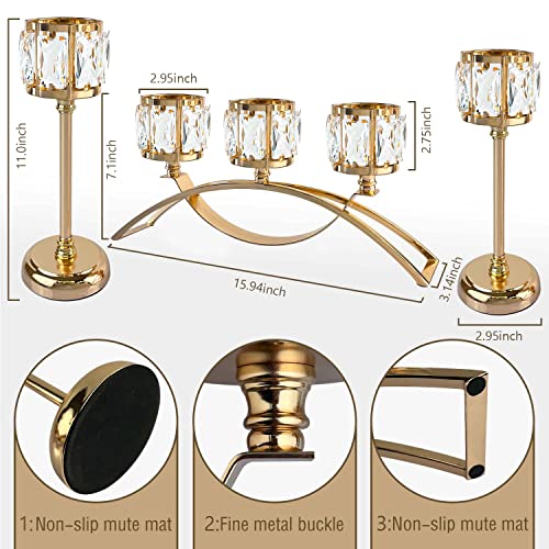 3 Arms Crystal Bowl Tealight Candelabra Votive Candle Stand, Wedding Centerpieces Candlestick Holders For Tables Crystal Candlestick，Centerpiece Table Decorations (Set Of 3 Gold) #TOP2