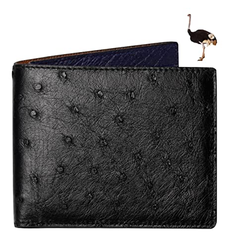 Image of HATA Black Blue Ostrich Leather Bifold Wallet for Men, Double-Sided Ostrich Billfold with RFID Blocking, Handmade Leather Wallet Gift for Birthday, Anniversary, Father's Day VINAMOS-14