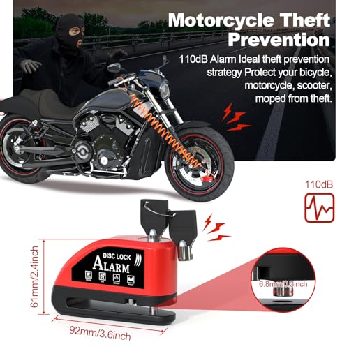 JAGASOL Motorcycle Alarm Disc Brake Lock With Reminder Cable - Rechargeable, 110 dB Sound, Anti-Theft Waterproof, 2 H Fast-Charging, 9 Months Standby, 7 mm Pin Universal for Bikes