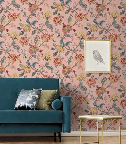 Image of Wallpaper Peel and Stick Vintage Flowers Leaves Birds Pattern Design Botanical Tropical Floral Textured Butterfly Wall Decor Removable Waterproof Adeshive Wallpaper 16.5X87Inch