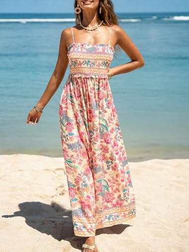 Image of CUPSHE Women Spaghetti Straps Boho Maxi Dress Summer Sleeveless Smocked Floral Beach Long Dress Flowy Cruise Vacation Outfits