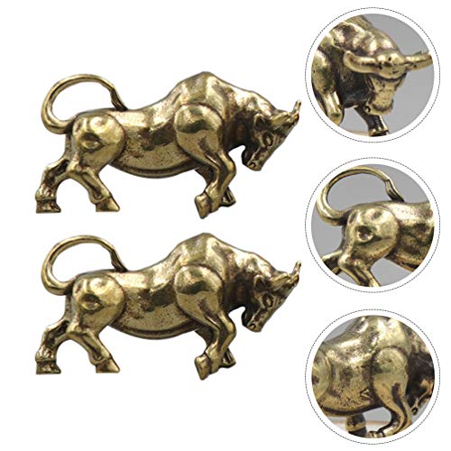 Besportble Brass Bull Figurine Mini Copper Cow Ox Statue Sculpture Pendant Charm Wall Street Bull Statue Decor Animal Cake Topper Feng Shui Home Decor For Fortune Wealth Success 2Pcs #TOP3