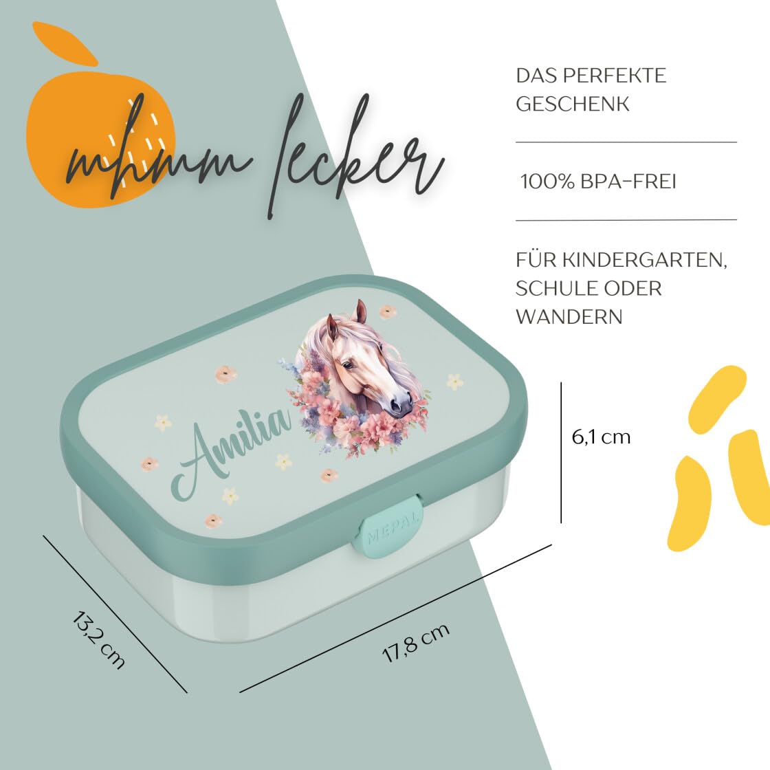 Mepal Set Brotzeitdose & Trinkflasche personalisiert, Brotdose Kinder mit Fächern, Lunch Box & Wasserflasche mit Name, auslaufsicheres Bento Box Set mit buntem Aufdruck Pferd (pink)