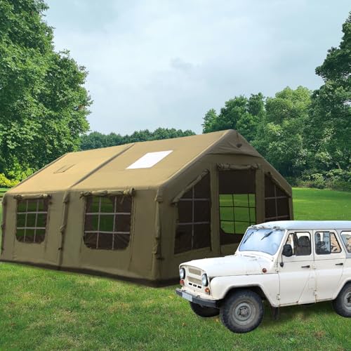 HikerSKY Camping Inflatable Big Tent,Luxury 6-10 Persons Adults Family Glamping Hot Tents with Manual Pump Easy to Build,Chimney Opening,Pest Control,Military Green