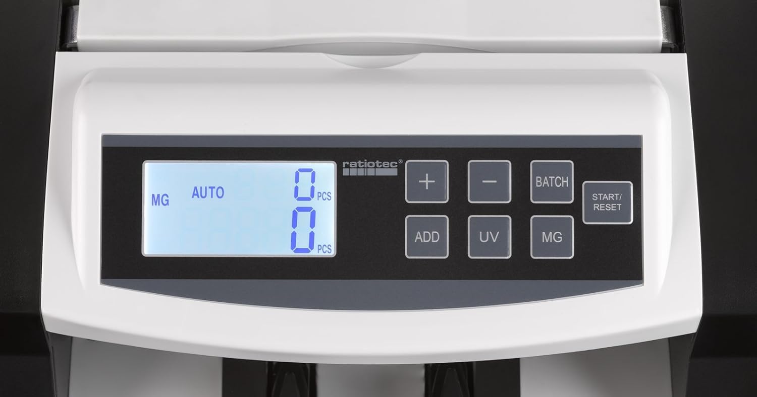 ratiotec rapidcount B 40 Geldzählmaschine für sortenreine Banknoten - Banknotenzähler mit UV IR MG SD Echtheitsprüfung, Additions- und Bündelfunktion, 1.000 Scheine/min, EUR Stückzähler