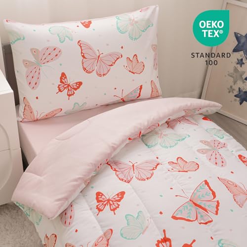 Image of david's kids 4 Piece Toddler Bedding Set - Soft Breathable Toddler Bedding Set for Girls, Includes Quilted Comforter, Flat Sheet, Fitted Sheet and Pillowcase, Butterfly
