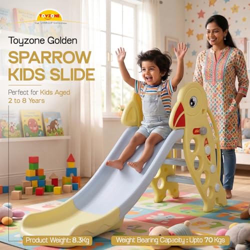 Image of Toyzone Golden Sparrow Slide for Kids | Baby Play Slide | Indoor & Outdoor Kids Slider | Easy Assembly | Safe Rounded Design | BIS Certified | Made in India | Kids Slide for 2-8 Years, Upto 70 kgs