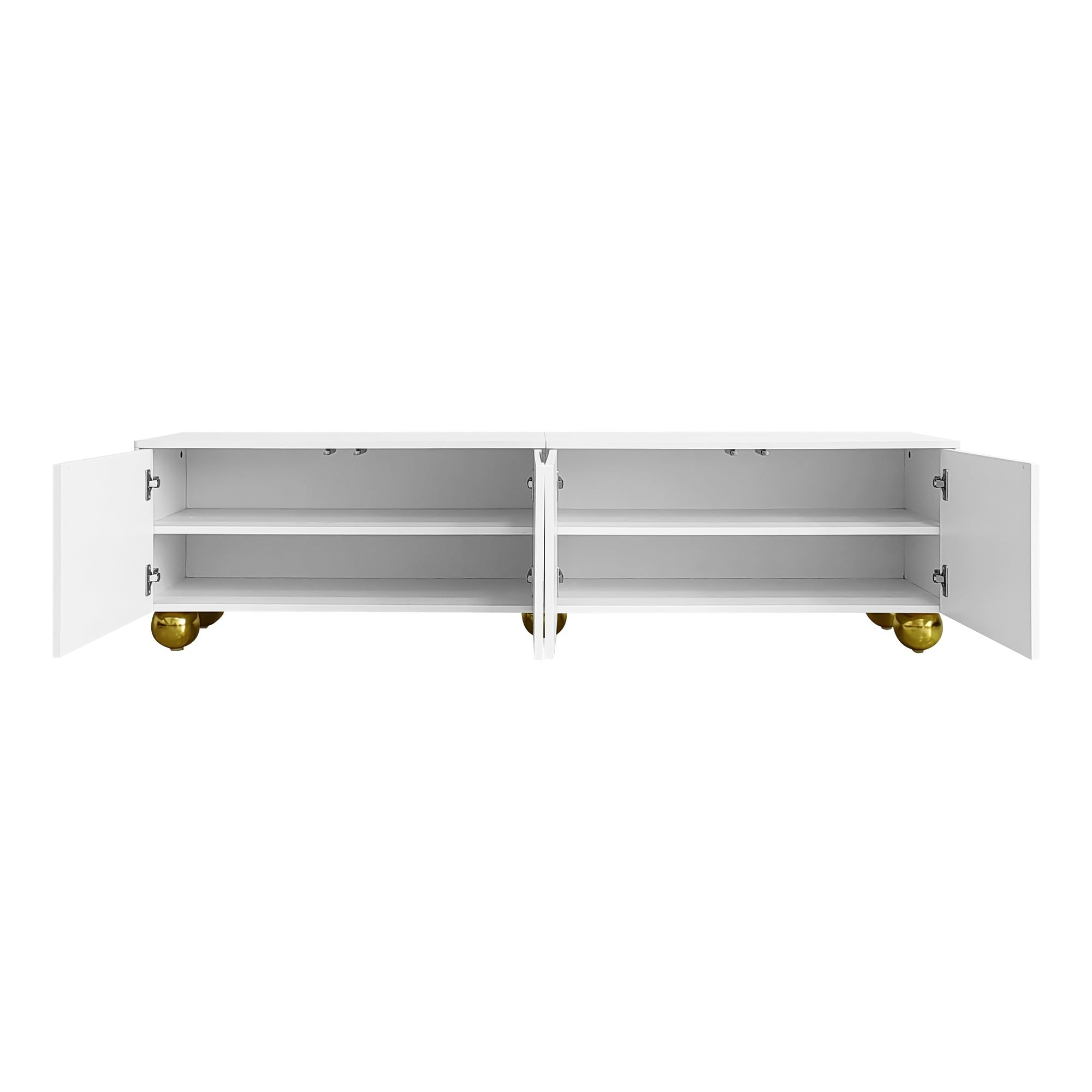 Mobile TV lowboard con ante strutturate, decorazioni dorate, gambe rotonde dorate, ripiani inclusi, push-to-open (bianco e oro, 170 x 38 x 44 cm)