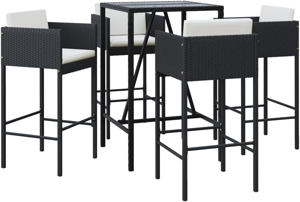 5-Piece Patio Bar Set with Cream Cushions Black PE Rattan Outdoor Furniture Set for Garden Balcony Porch Modern Bistro Set with Tempered Glass Tabletop and Steel Frame