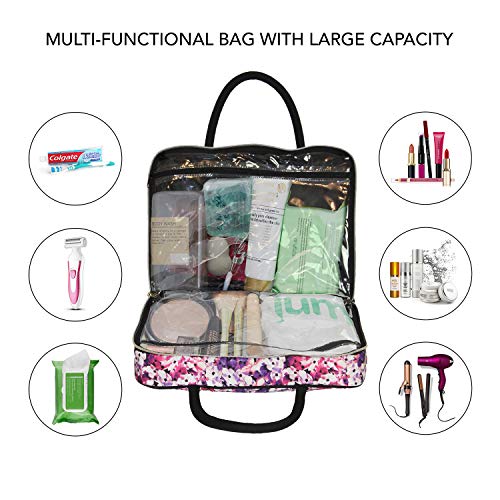 Nicole Miller Makeup Bag, Travel and Toiletry Bag, Large Cosmetic Bag with Zippered, Transparent Pockets and Handles, Foldable Makeup Bag for Home and Travel (Colorful Flower Print with Black Handles) - Thumbnail 2
