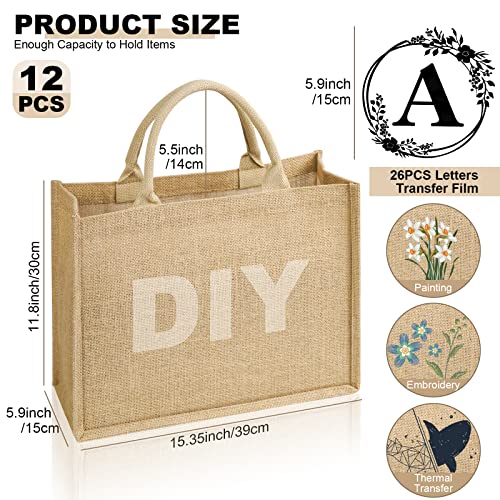 Ulendis 12 Pack Burlap Jute Tote Bag With Handles, Large Reusable Grocery Beach Bag With 26 Iron On Letters Transfers, Laminated Interior Blank Diy Crafts Bags For Bridesmaid Gift Travel Shopping #TOP1