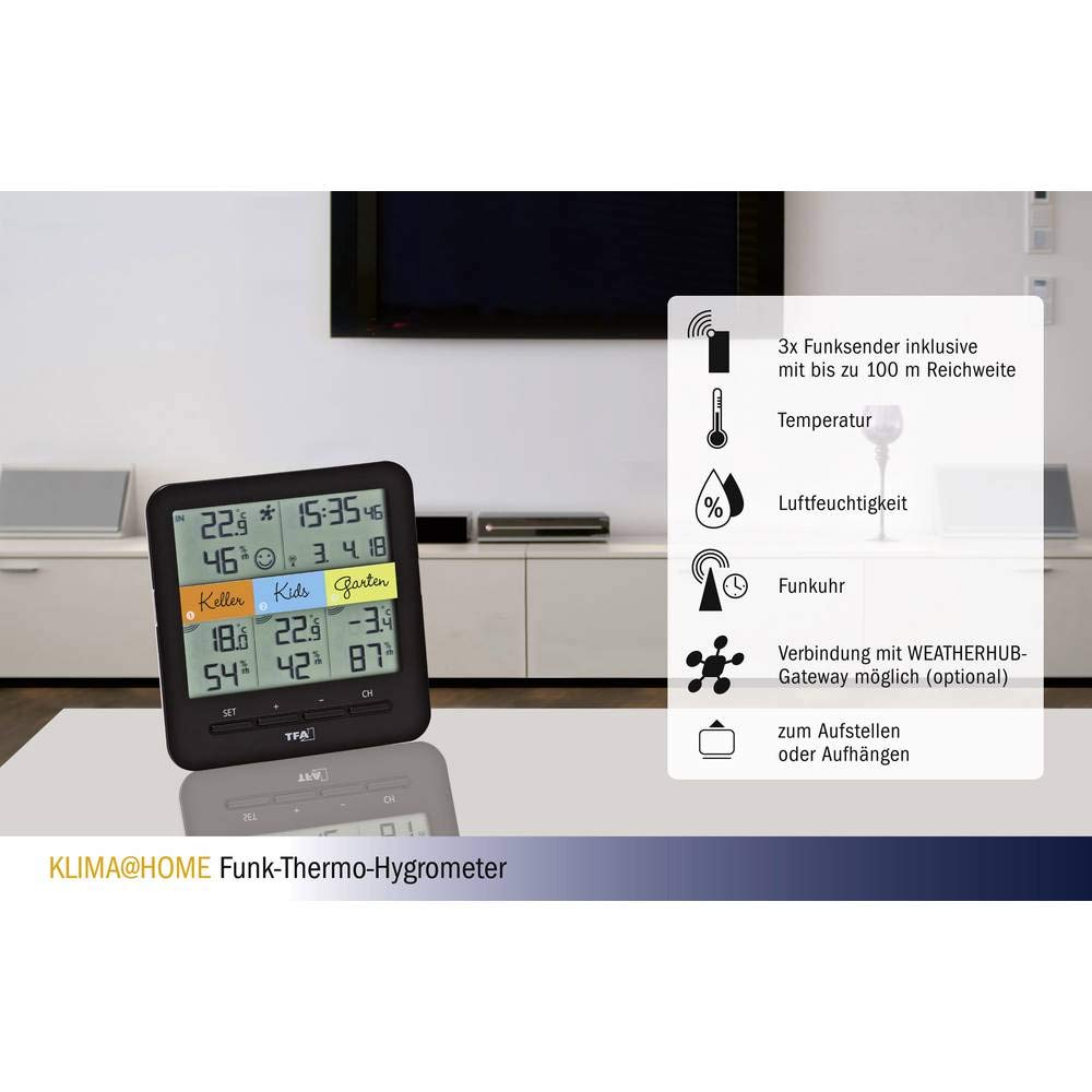 TFA Dostmann Klima Home Hygro-Station 30.3060.01 Funk-Thermo-Hygrometer mit 3 Sendern, Kunststoff, Schwarz, (L) 128 x (B) 32 (58) x (H) 128 mm