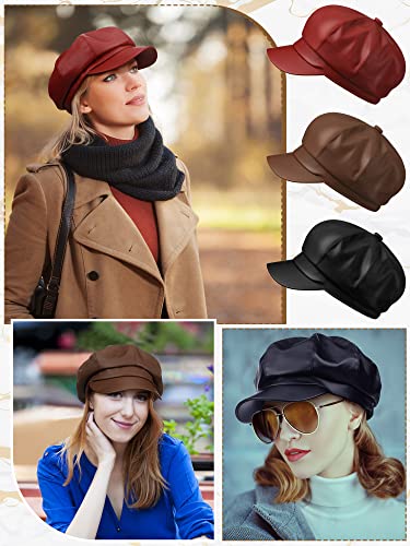 3 Pcs Women Newsboy Hats Pu Leather Visor Beret Cabbie Hat 8 Panel Vintage Women Fiddler Cap Faux Leather Baker Boy Hat Painter Gatsby Cap() #TOP2
