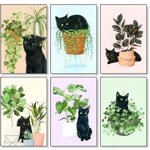 Image of 6 Pack Paint by Numbers Kit for Adults Beginner, Black Cat Adult Paint by Number Kits on Canvas Without Frame, Green Plant DIY Acrylic Oil Painting by Numbers Kits, Perfect for Home Decor 8x12 Inch