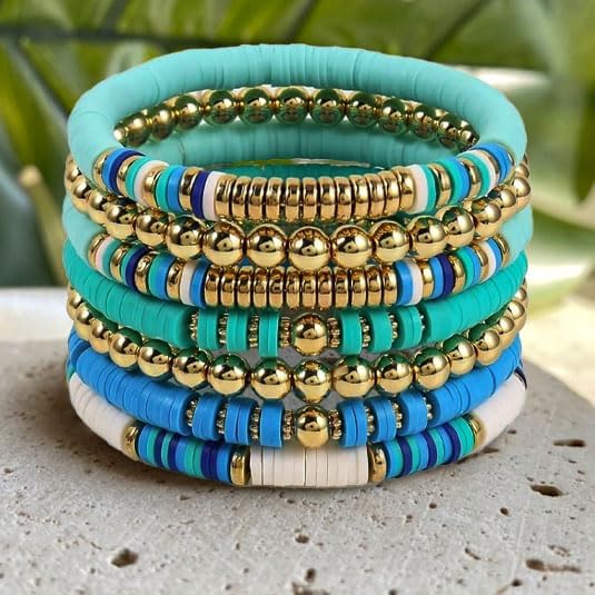 Surfer Heishi Clay Bead Bracelets Set for Women, Boho Stackable Gold Beaded Stretch Bracelets, Elastic Layering Friendship Jewelry - Image 6