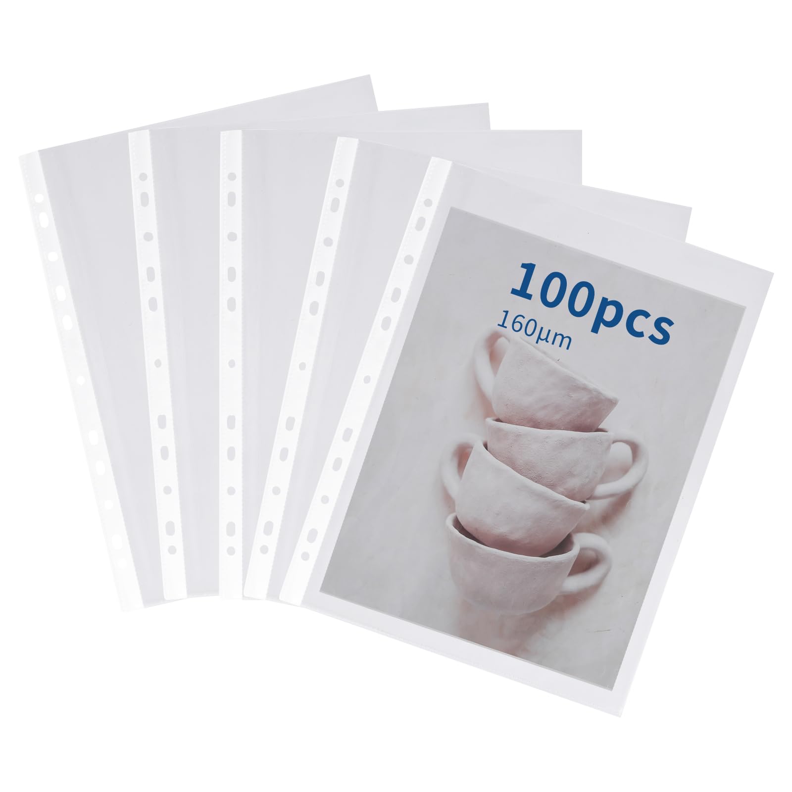 Punched Pockets A4 Heavy Duty Poly Pockets A4 Clear Plastic Wallets Top Open 11 Hole Sheet Protectors for 2/3/4 Ring Binder for Filing Folders Sleeves Documents (100 Pcs-8C(0.16mm))